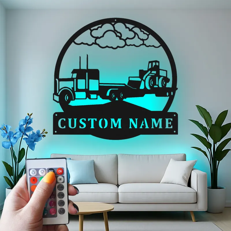 Custom Semi Truck Metal Art | Personalized LED Name Sign for Trucker | Farmhouse & Industrial Wall Decor | Gift for Driver