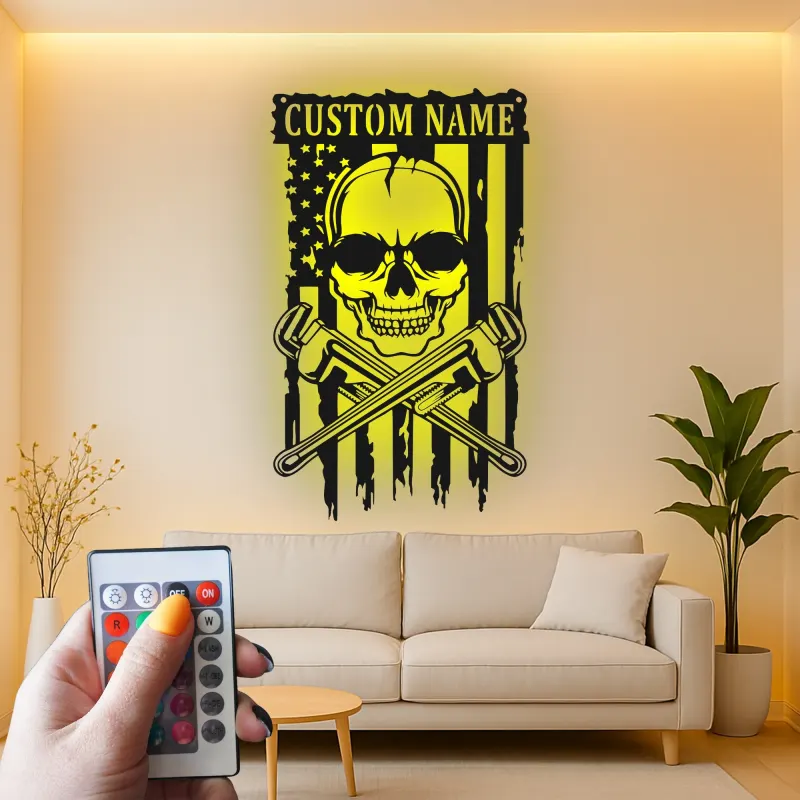 Panneau LED Crâne de Plombier | Décoration Murale Patriotique Personnalisée avec Drapeau USA | Décor de Garage avec Nom Personnalisé pour Hommes
