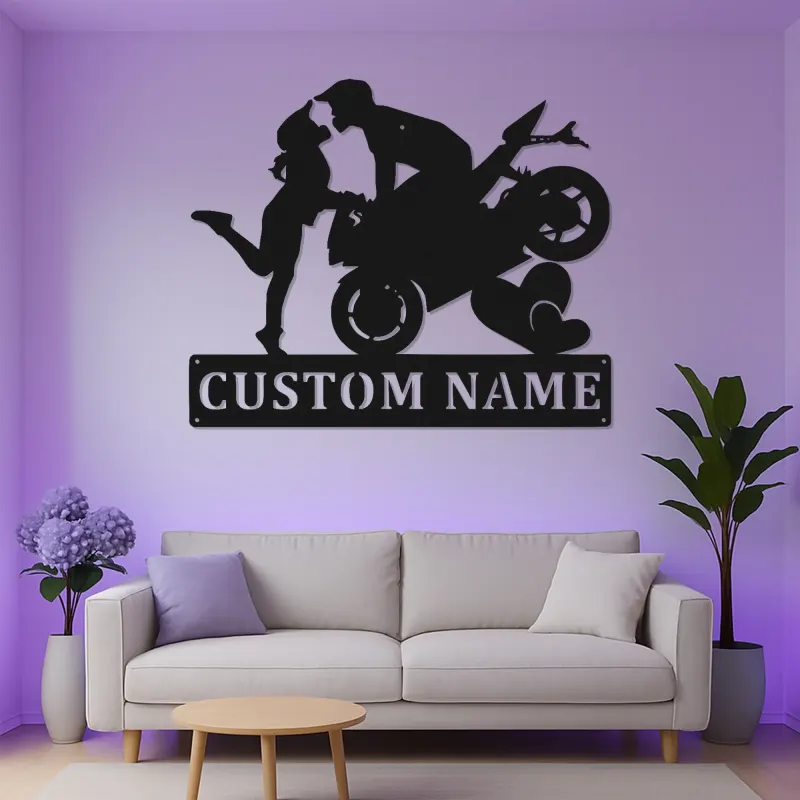 Panneau en métal moto personnalisé | Art LED pour couples de motards | Décoration murale romantique pour chambre et garage
