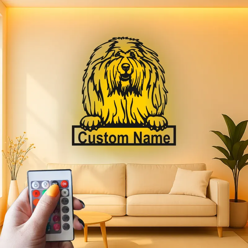 Cartel LED de Old English Sheepdog | Decoración mural de metal personalizada | Regalo personalizado para amantes de los perros con nombre