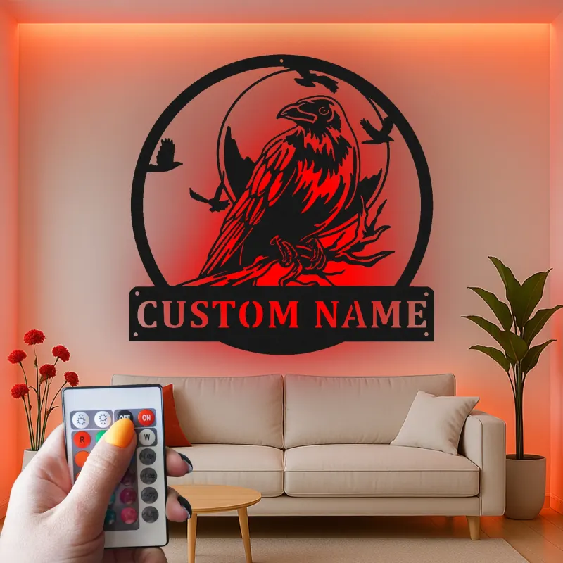 Décoration murale en métal personnalisée avec corbeau et rétroéclairage LED, cadeau pour les amoureux des oiseaux, décoration pour salon ou bureau
