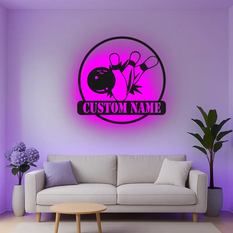Insegna in metallo LED personalizzata con birilli da bowling - Regalo per appassionati di bowling e decorazione per sala giochi