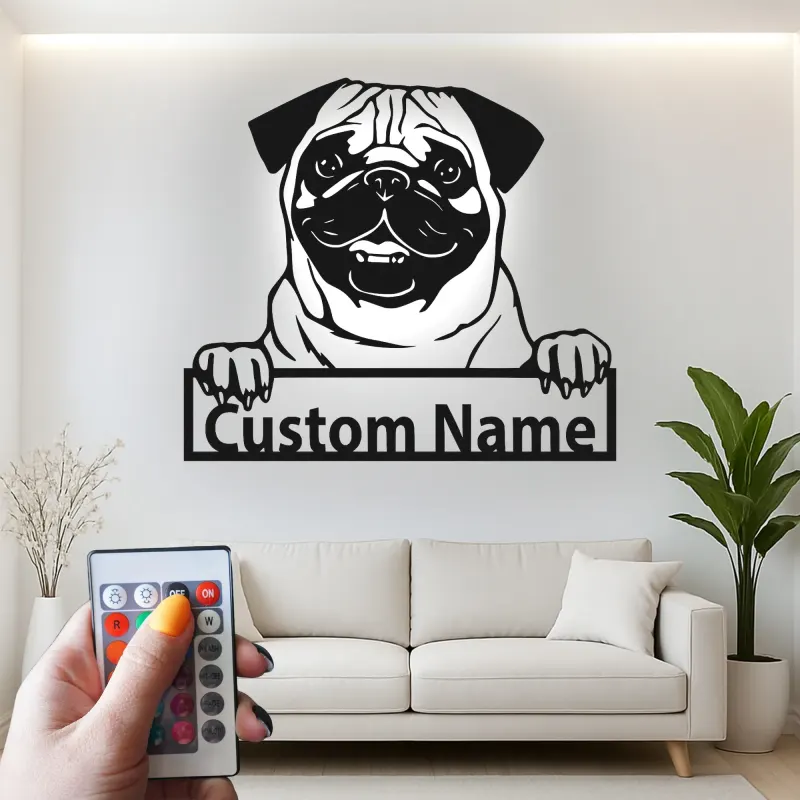 Personalisierte Pug LED-Schild | Individuelles Metall-Haustierporträt | Hundeliebhaber Namensdekoration | Moderne Wandkunst für den Eingangsbereich