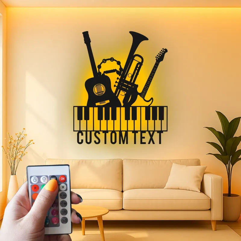 Insegna per Studio Musicale Personalizzata | Arte in Metallo LED per Musicisti | Decorazione Silhouette Strumenti Personalizzati | Regalo per Chitarra, Pianoforte, Tromba