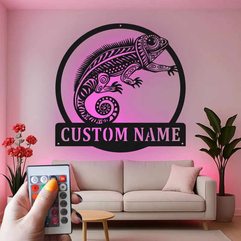 Cartel de metal personalizado con luz LED de camaleón, regalo personalizado para amantes de reptiles, decoración para salón u oficina
