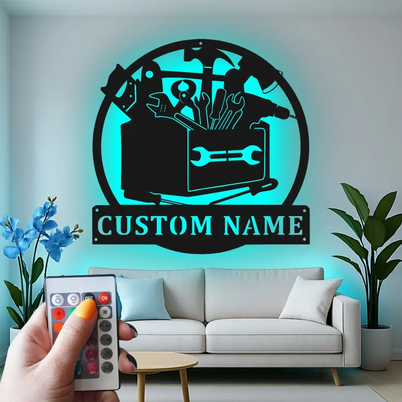 Insegna LED Toolbox Personalizzata | Arte Murale in Metallo Personalizzata | Decorazione per Laboratorio e Garage | Regalo per Falegname o Artigiano