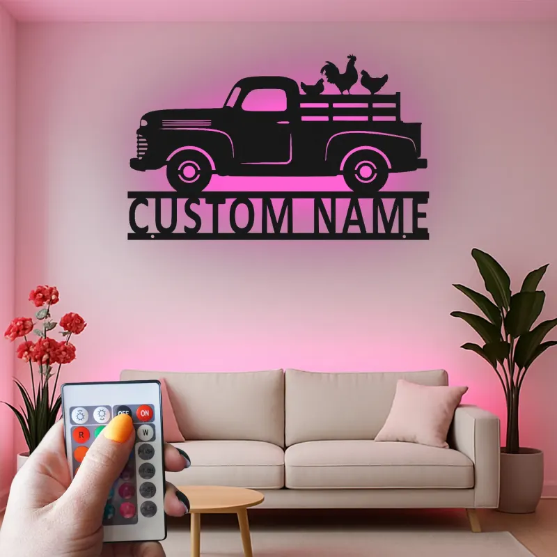 Personalisierter Vintage-Truck mit Hühnern LED-Licht Metall-Wandkunst Bauernhaus Geschenk für Paare Rustikale Küchen-Dekoration