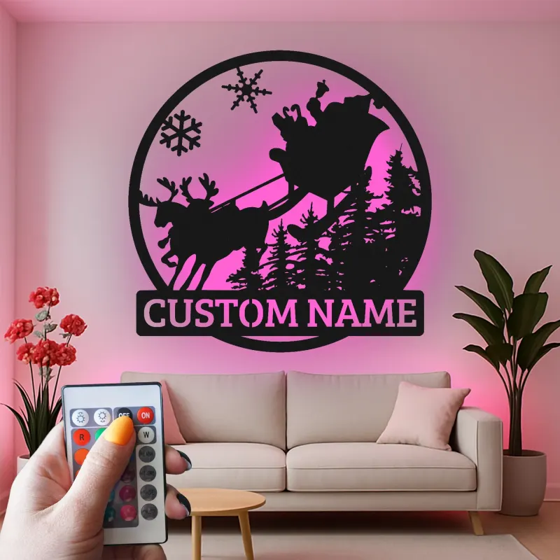 Cartel de metal personalizado de trineo de Santa | Arte mural navideño LED | Decoración navideña personalizada para el hogar | Silueta de reno con nombre