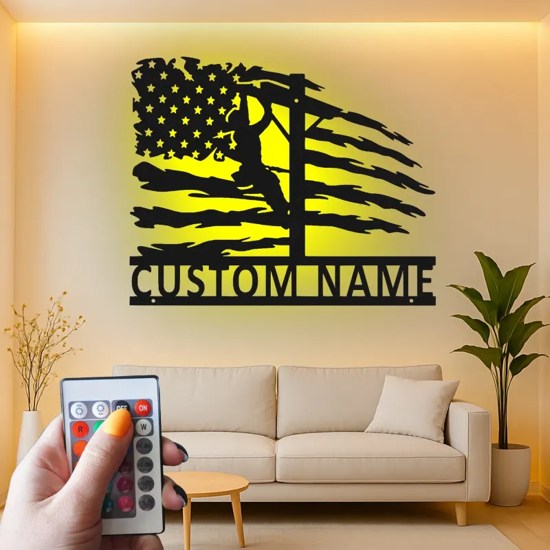 Custom Lineman Metal Sign | American Flag LED Wall Art | Personalized Patriotic Gift for Electrician | Utility Worker Decor