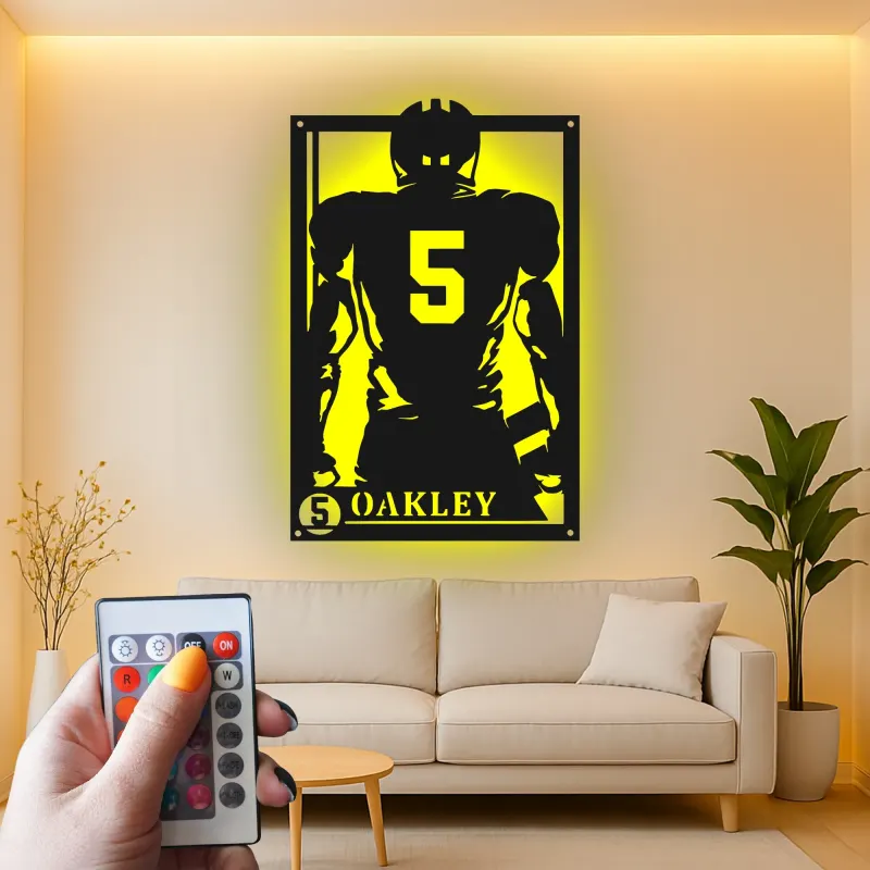 Cartel de metal personalizado de jugador de fútbol americano | Decoración deportiva LED personalizada | Arte mural para sala de juegos | Regalo para deportistas