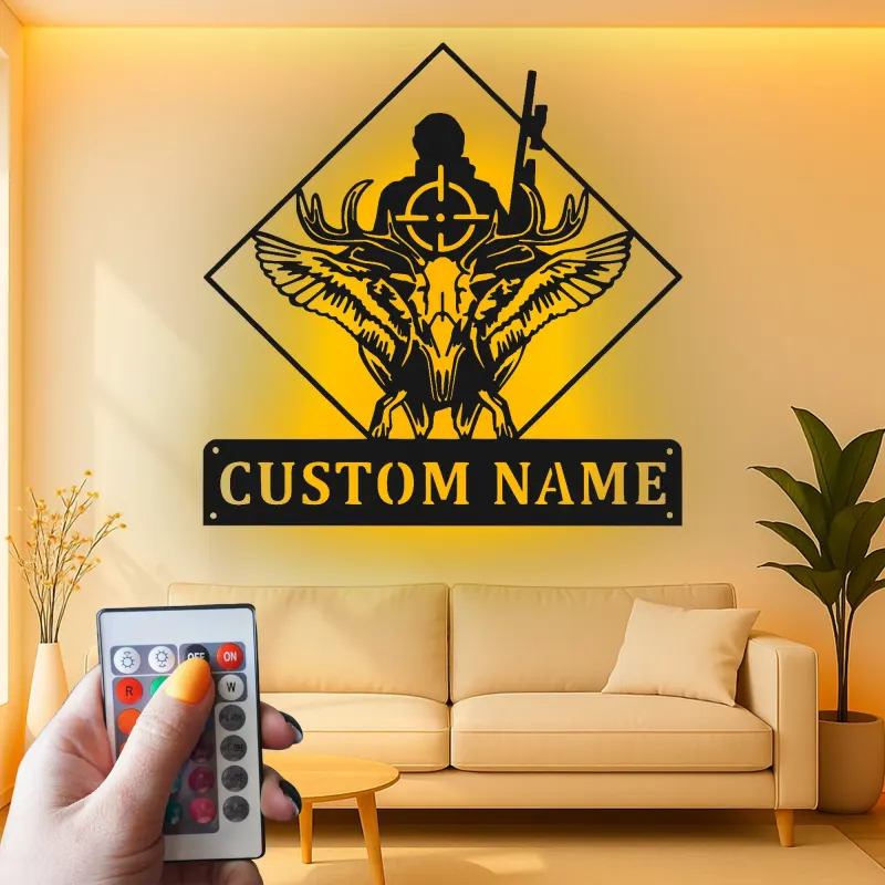 Enseigne LED personnalisée chasseur et crâne de cerf | Décoration murale en métal sur mesure pour chalet | Cadeau de chasse pour homme