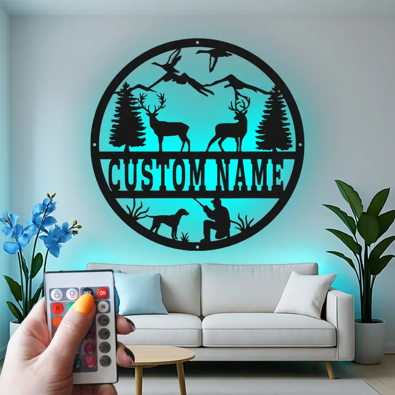 Personalisierte LED-Schild mit Jagdszene | Laser-Cut Metall-Wandkunst | Rustikale Cabin-Dekoration & Man Cave Geschenk