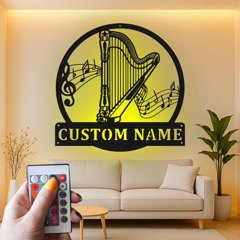 Insegna in metallo personalizzata con arpa | Decorazione LED per sala musica | Targa con nome per musicisti | Regalo per amanti dell’orchestra