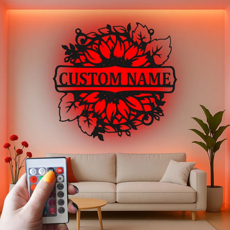 Insegna in Metallo Girasole Personalizzata | Arte da Parete Floreale LED Personalizzata | Targa con Nome per Decorazione della Casa | Regalo per Inaugurazione della Casa Boho