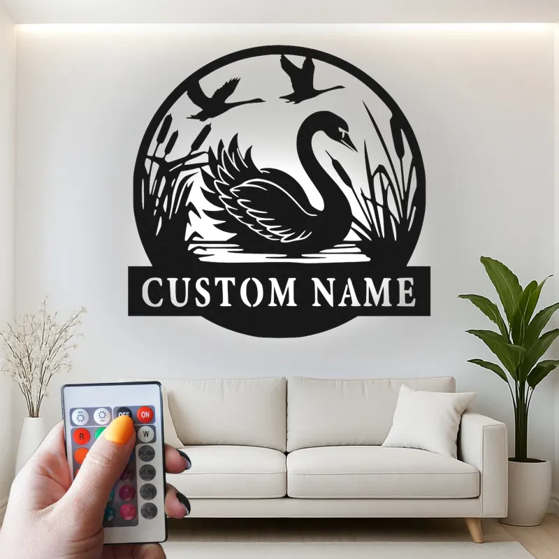 Insegna in metallo LED personalizzata con cigno, regalo per amanti della natura per decorare la camera da letto o il soggiorno
