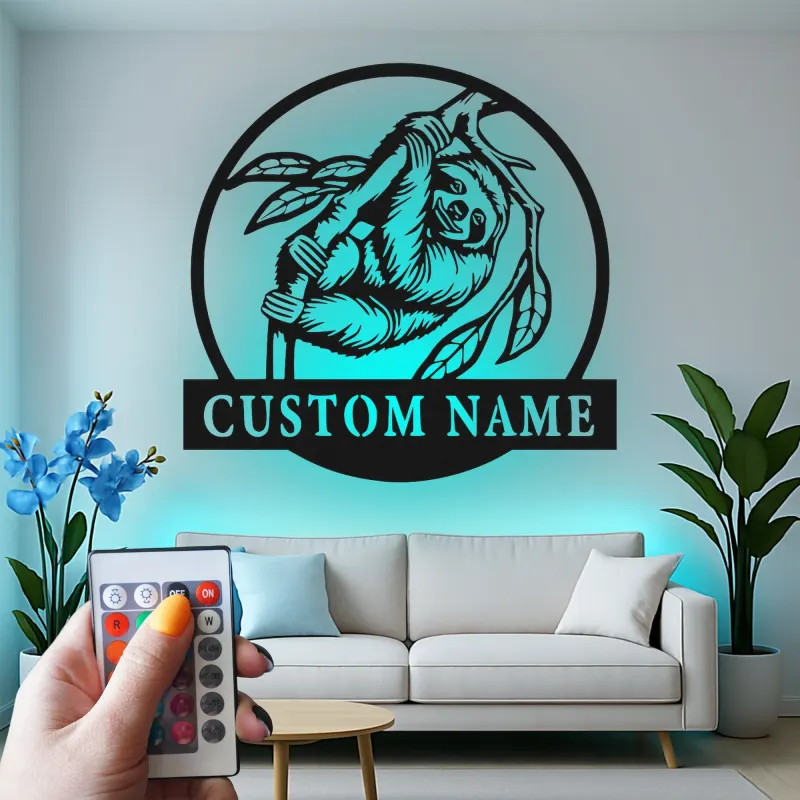 Insegna in metallo personalizzata con bradipo | Decorazione LED della giungla su misura | Regalo unico per amanti degli animali per cameretta o camera da letto