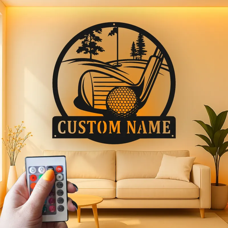 Cartel de golf personalizado con luces LED | Decoración mural de metal a medida | Decoración con nombre de golfista para sala de juegos y bar en casa