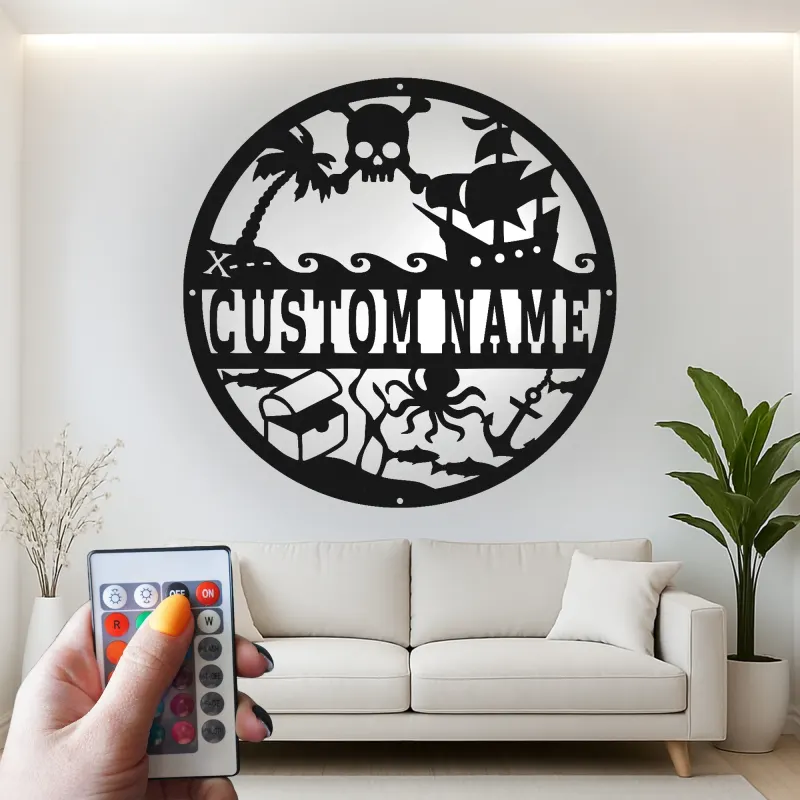 Personalized Pirate Ship Sign | Custom Name LED Metal Wall Art | Nautical Nursery Decor for Kids Room | Skull & Octopus Treasure Art
