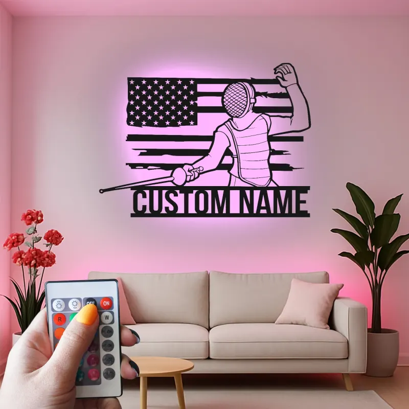 Personalized Fencing LED Sign | Custom Fencer Name Wall Art | USA Flag Metal Decor for Athlete Gift