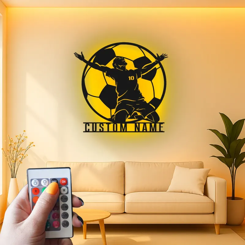 Panneau LED Personnalisé Joueur de Football | Décoration Murale en Métal Personnalisée | Décor de Salle de Jeux pour Athlète | Cadeau Fan de Football