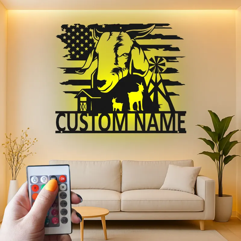 Enseigne métallique personnalisée de chèvre avec LED | Art mural personnalisé de maison de campagne | Décor de ranch avec drapeau américain pour agriculteurs