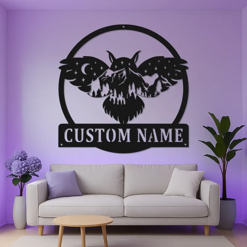 Insegna in metallo personalizzata con gufo | Insegna LED retroilluminata con nome per baita | Silhouette di gufo reale personalizzata, regalo per amanti della natura