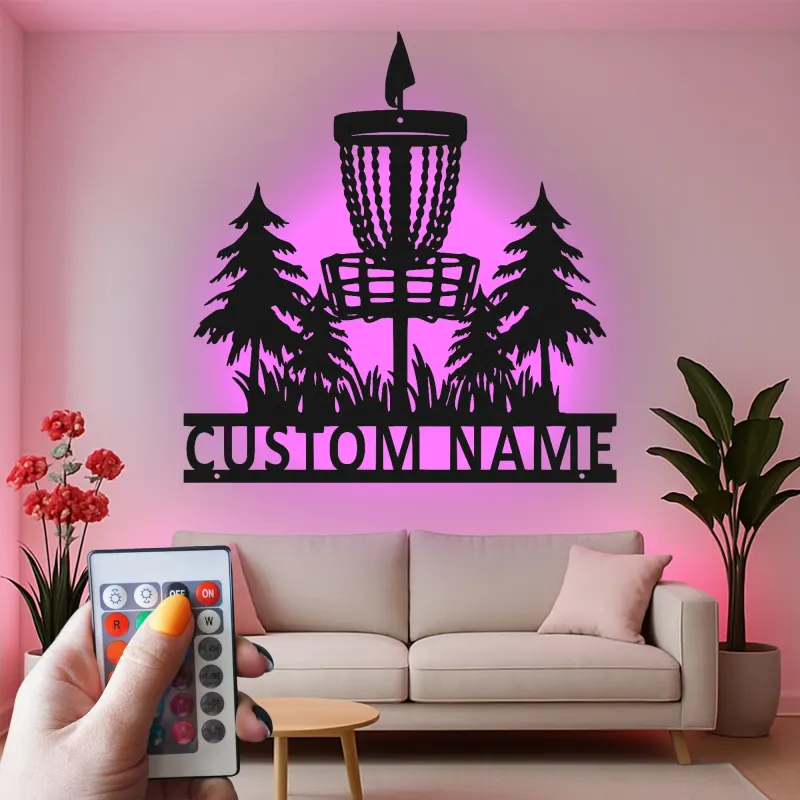 Cartel de metal LED personalizado para cesta de disc golf, regalo para jugadores de disc golf, decoración de deportes al aire libre