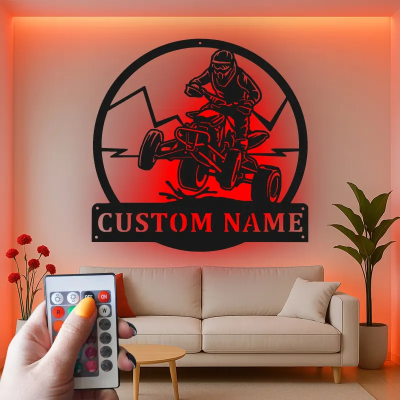 Custom ATV Rider Led Light Metal Wall Art Off-Road Enthusiast Gift Garage or Man Cave Decor
