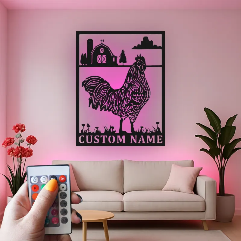 Décoration murale en métal personnalisée avec lumière LED de poulet fermier