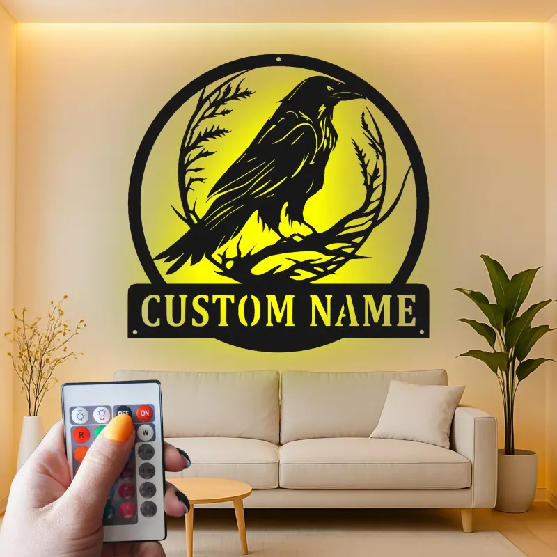 Personalisierte LED-Raben-Schild | Individuelle Gothic-Vogel-Metall-Wandkunst | Geschenk für Naturfreunde für Zuhause oder Büro