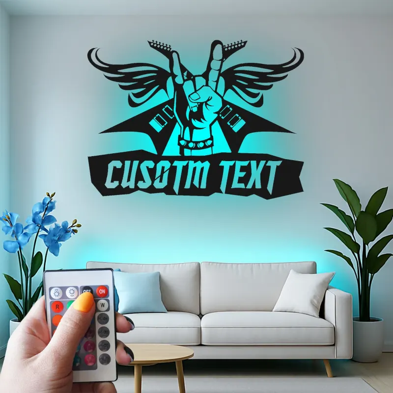 Cartel de metal Rock and Roll personalizado | Arte mural LED de alas de guitarra | Decoración de estudio de músico personalizada | Regalo de heavy metal para él