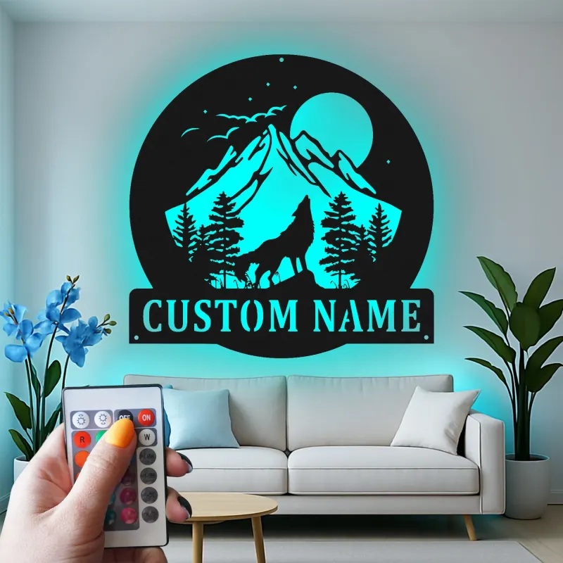 Personalisierte Wolf-Bergszene LED-Licht Metall-Wandkunst Geschenk für Naturliebhaber Rustikale Cabin-Dekoration 3