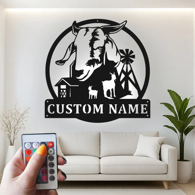 Custom Goat Farm Sign | Personalized LED Metal Wall Art | Rustic Barnyard Decor for Farmer Family Gift