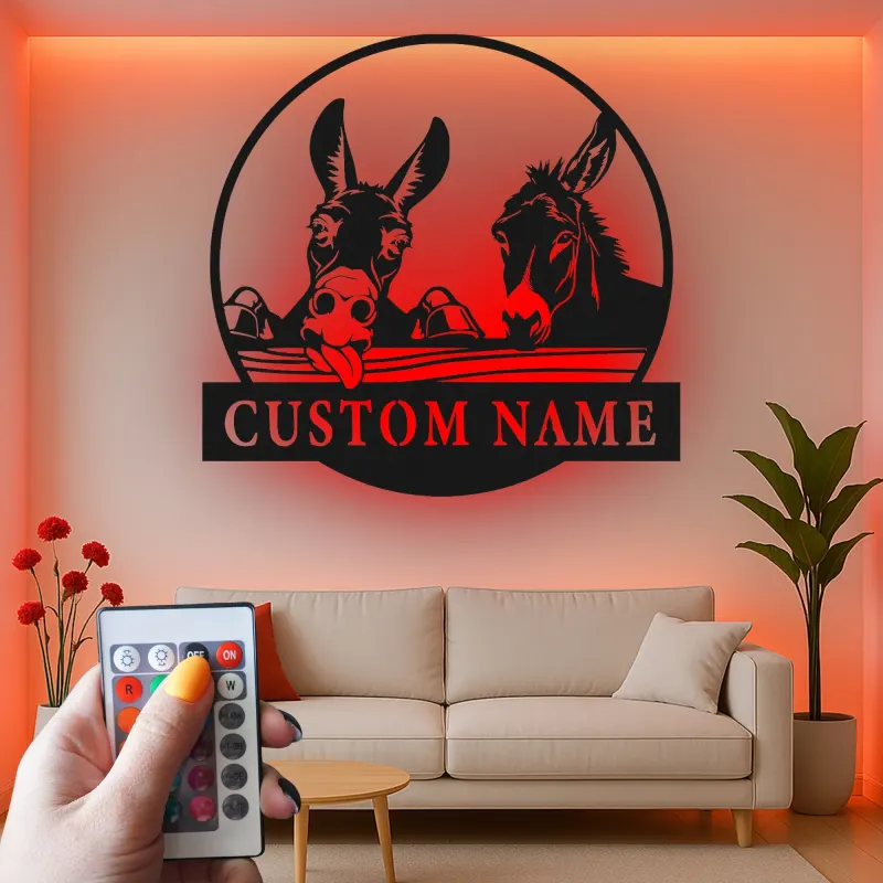 Custom Donkey Duo Led Light Metal Wall Art Personalized Farmhouse Gift Rustic Home Decor for Animal Lovers