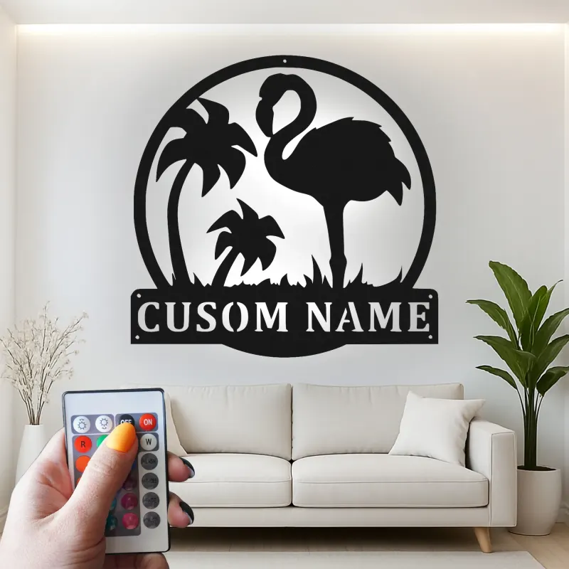 Cartel LED de flamenco personalizado | Arte mural de metal personalizado | Decoración tropical para patio y salón