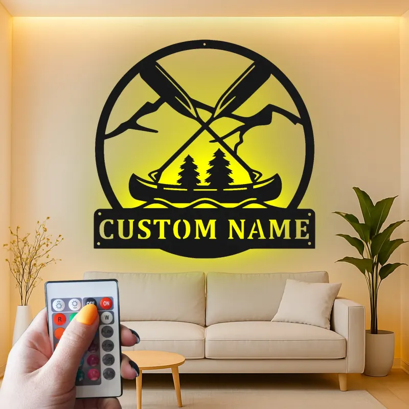 Décoration murale en métal personnalisée Aventure en Canoë avec rétroéclairage pour les passionnés d'extérieur