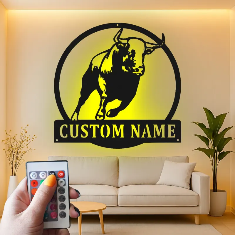 Insegna in metallo personalizzata con luce LED a forma di toro per decorare il ranch, regalo in stile western per la man cave