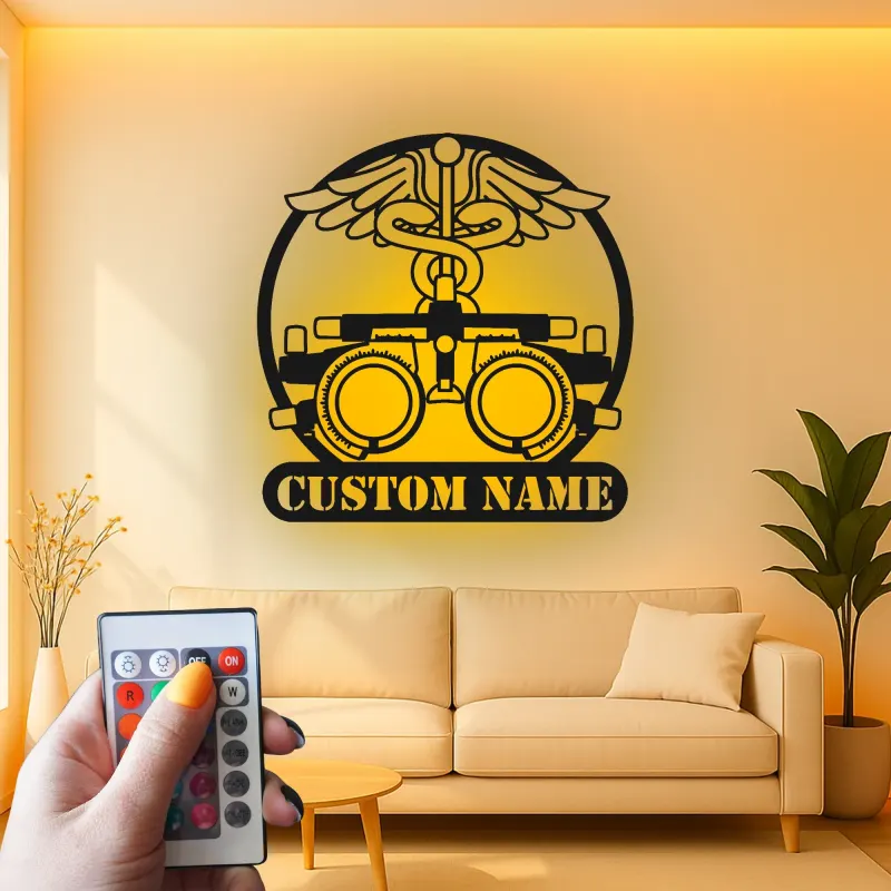 Panneau Optométriste Personnalisé | Décoration murale en métal Phoroptère | Décor de bureau d'ophtalmologiste avec lumière LED | Cadeau logo Caduceus