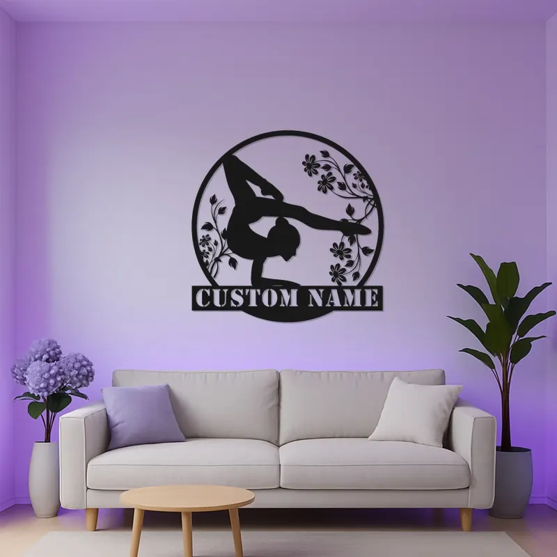 Arte murale LED in metallo per ginnastica | Insegna personalizzata con nome per cameretta ragazza | Decor floreale per ginnasta