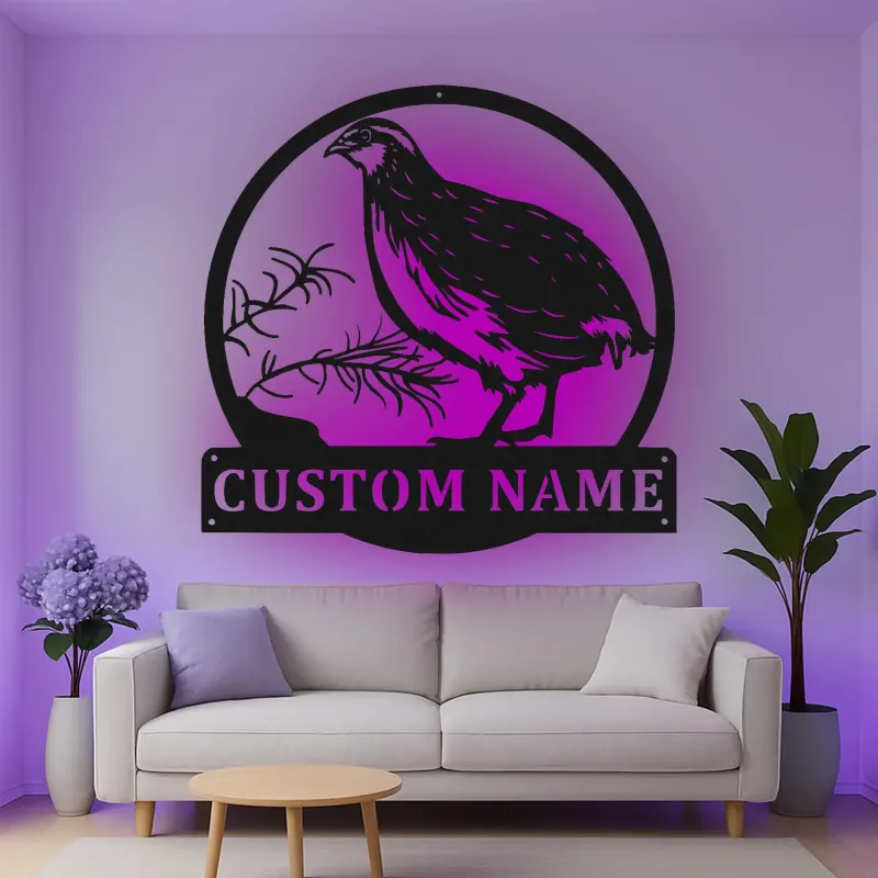 Décoration murale en métal personnalisée avec caille et rétroéclairage LED - Cadeau pour amoureux des oiseaux, décoration rustique de ferme