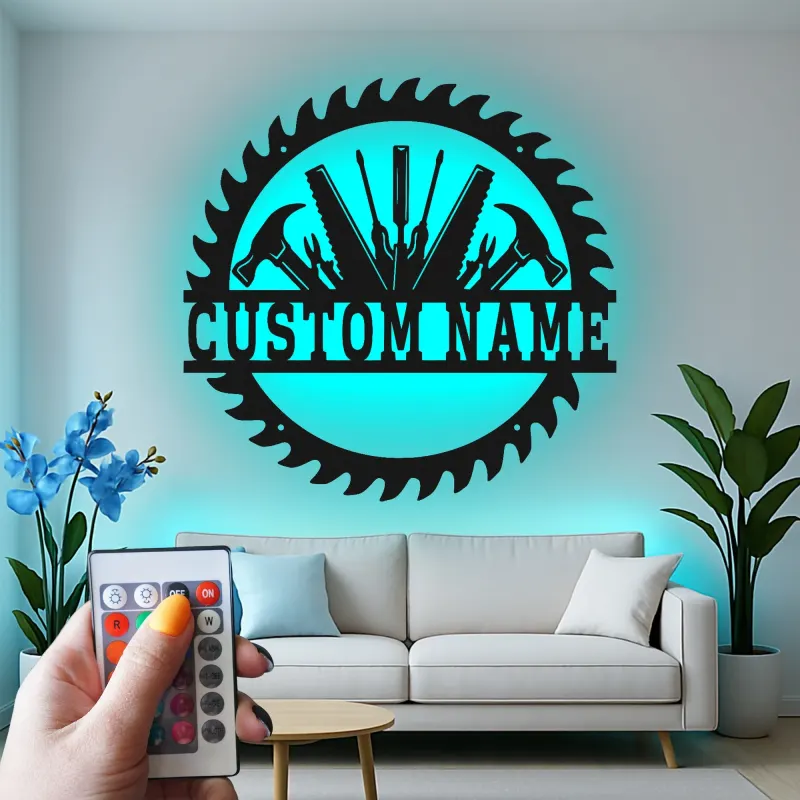 Custom Workshop Tools Led Light Metal Wall Art Personalized Gift for Handyman Garage Decor for Tool Lovers