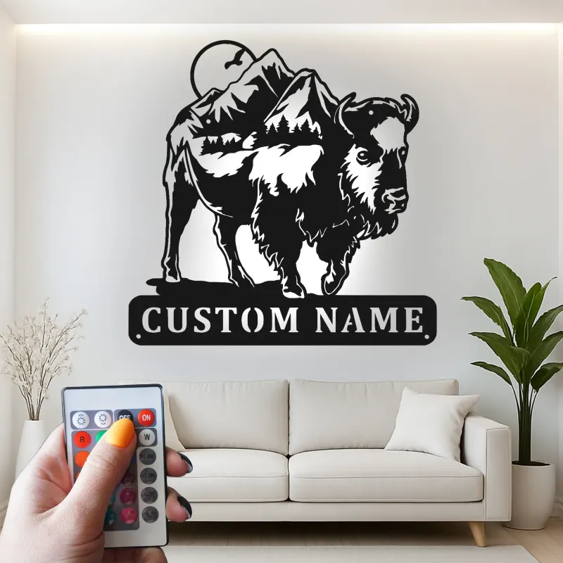 Custom Bison Mountain Led Light Metal Wall Art Personalized Rustic Gift for Nature Lovers Cabin or Lodge Decor