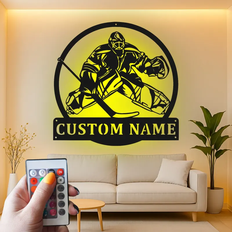 Insegna in metallo personalizzata con luce LED per portiere di hockey