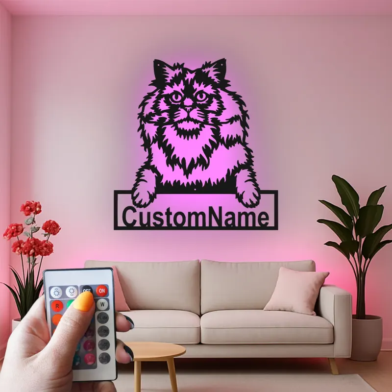 Cartel de metal LED de gato persa personalizado, regalo para amantes de mascotas, decoración para sala de estar
