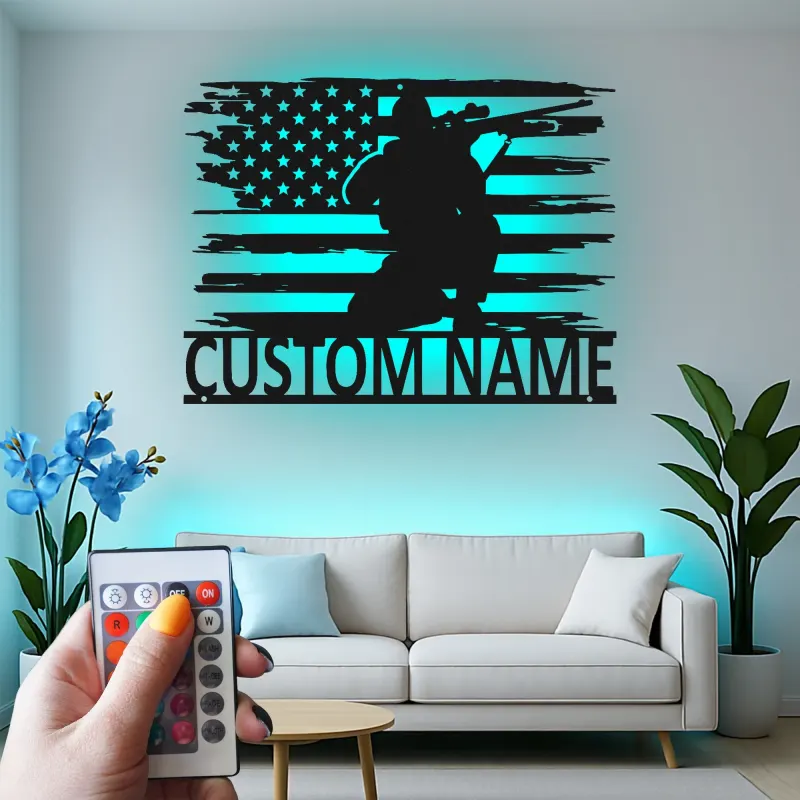 Personalized Sniper Metal Sign | LED American Flag Wall Art | Custom Military Decor for Veteran | Patriotic Man Cave Gift
