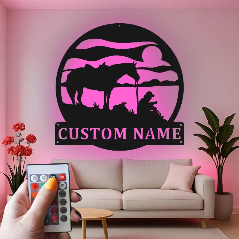 Insegna in metallo LED personalizzata con cowboy e cavallo - Regalo western per lui, decorazione rustica per ranch 2