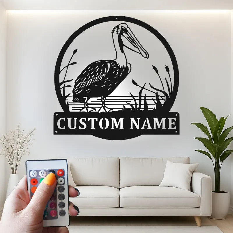 Décoration murale en métal LED personnalisée avec pélican - Cadeau côtier pour amoureux de la nature