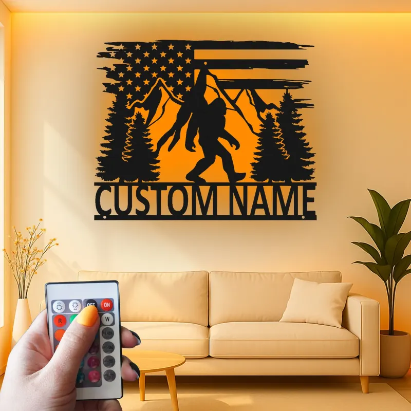 Décoration murale en métal personnalisée Bigfoot avec rétroéclairage LED - Cadeau unique pour les passionnés de plein air - Décor de cabane rustique
