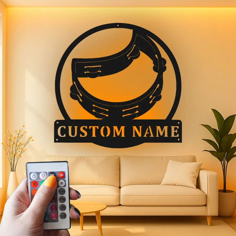 Personalized Tambourine Sign | LED Metal Wall Art for Music Room | Custom Musician Nameplate | Percussionist Gift