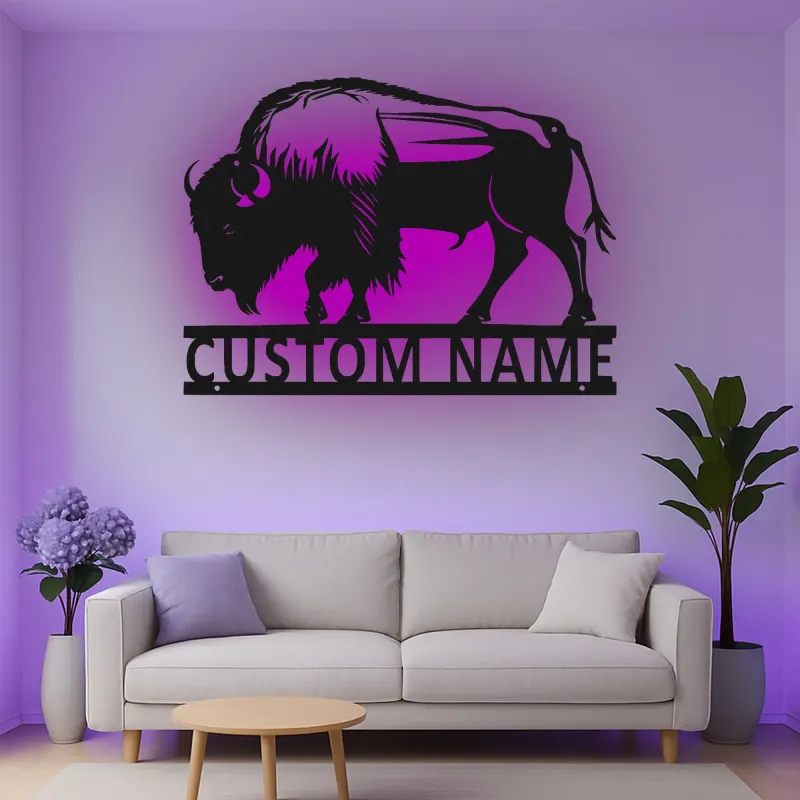 Insegna in metallo LED personalizzata con bisonte - Regalo selvatico per la casa - Decorazione rustica per soggiorno